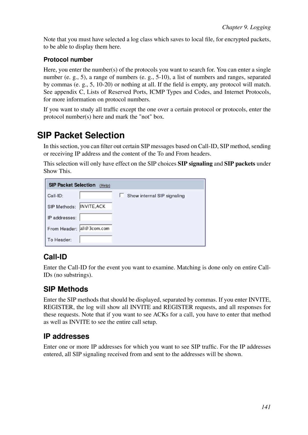 HP VCX Software manual SIP Packet Selection, Call-ID, SIP Methods, IP addresses, Protocol number 