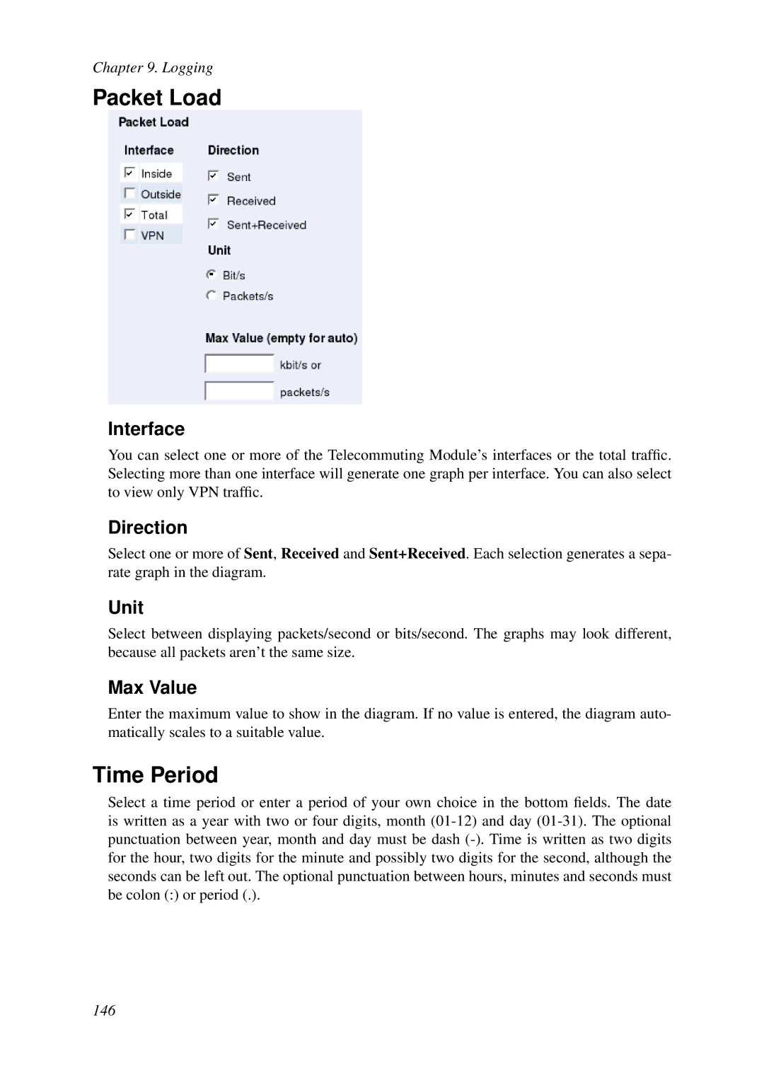 HP VCX Software manual Packet Load, Time Period, Direction, Unit, Max Value 