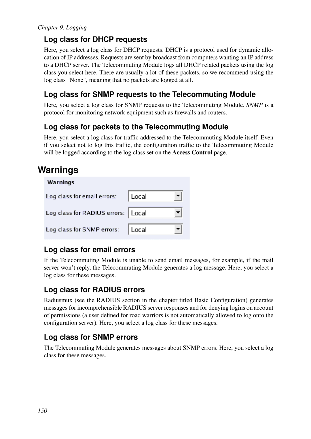 HP VCX Software manual Log class for Dhcp requests, Log class for Snmp requests to the Telecommuting Module 