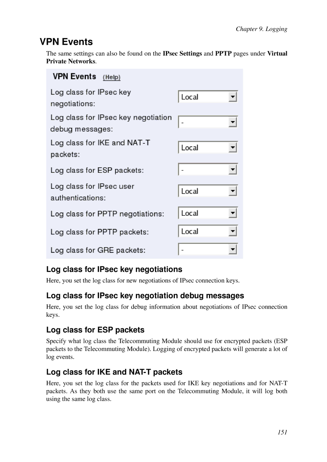 HP VCX Software manual VPN Events, Log class for IPsec key negotiations, Log class for IPsec key negotiation debug messages 