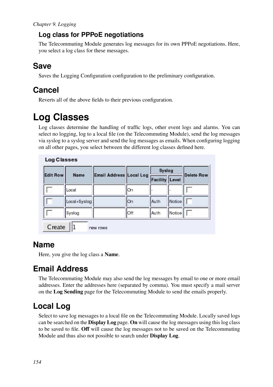 HP VCX Software manual Log Classes, Email Address, Local Log 