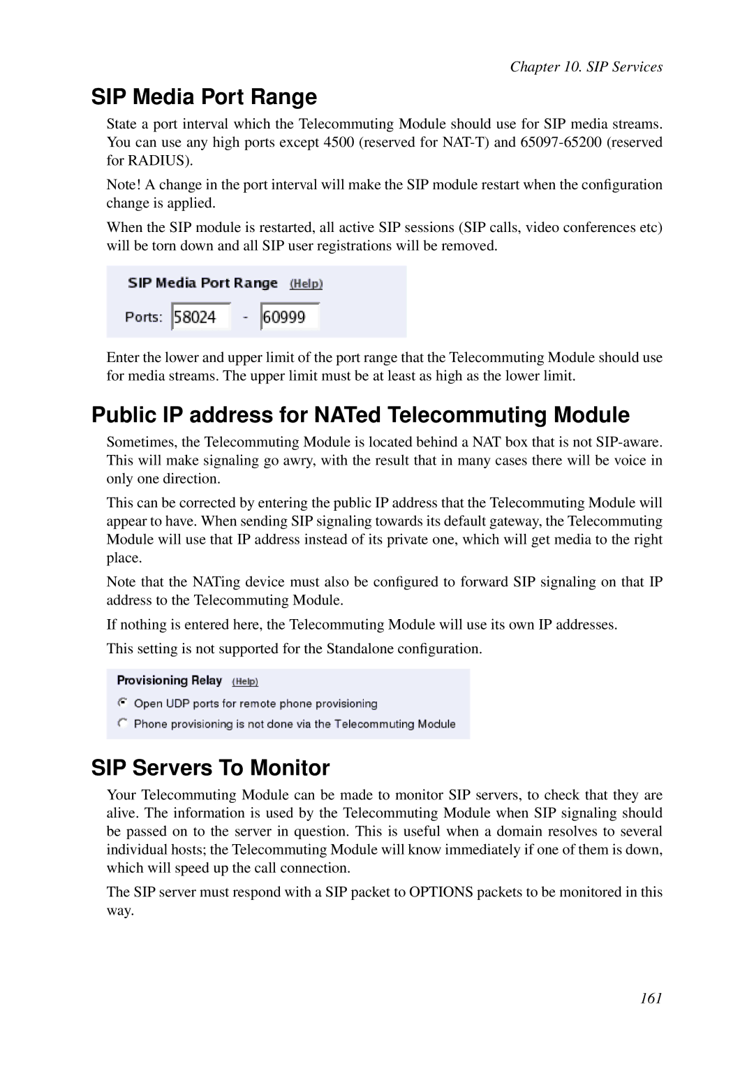 HP VCX Software manual SIP Media Port Range, Public IP address for NATed Telecommuting Module, SIP Servers To Monitor 