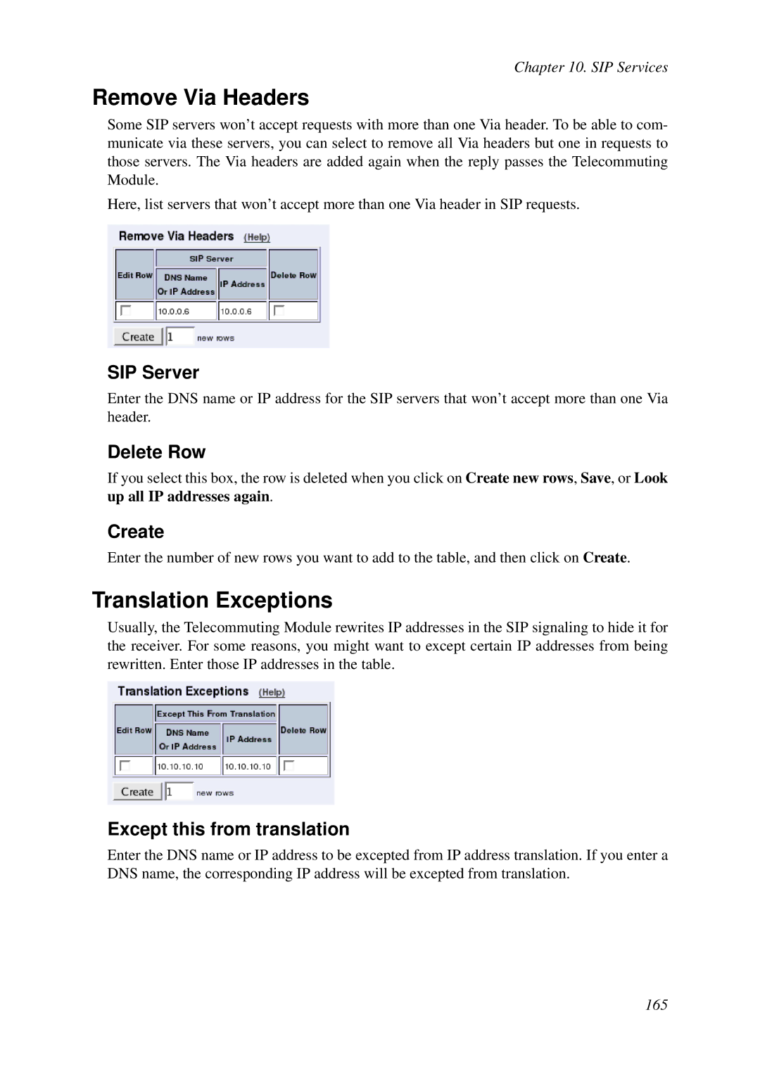 HP VCX Software manual Remove Via Headers, Translation Exceptions, SIP Server, Except this from translation 