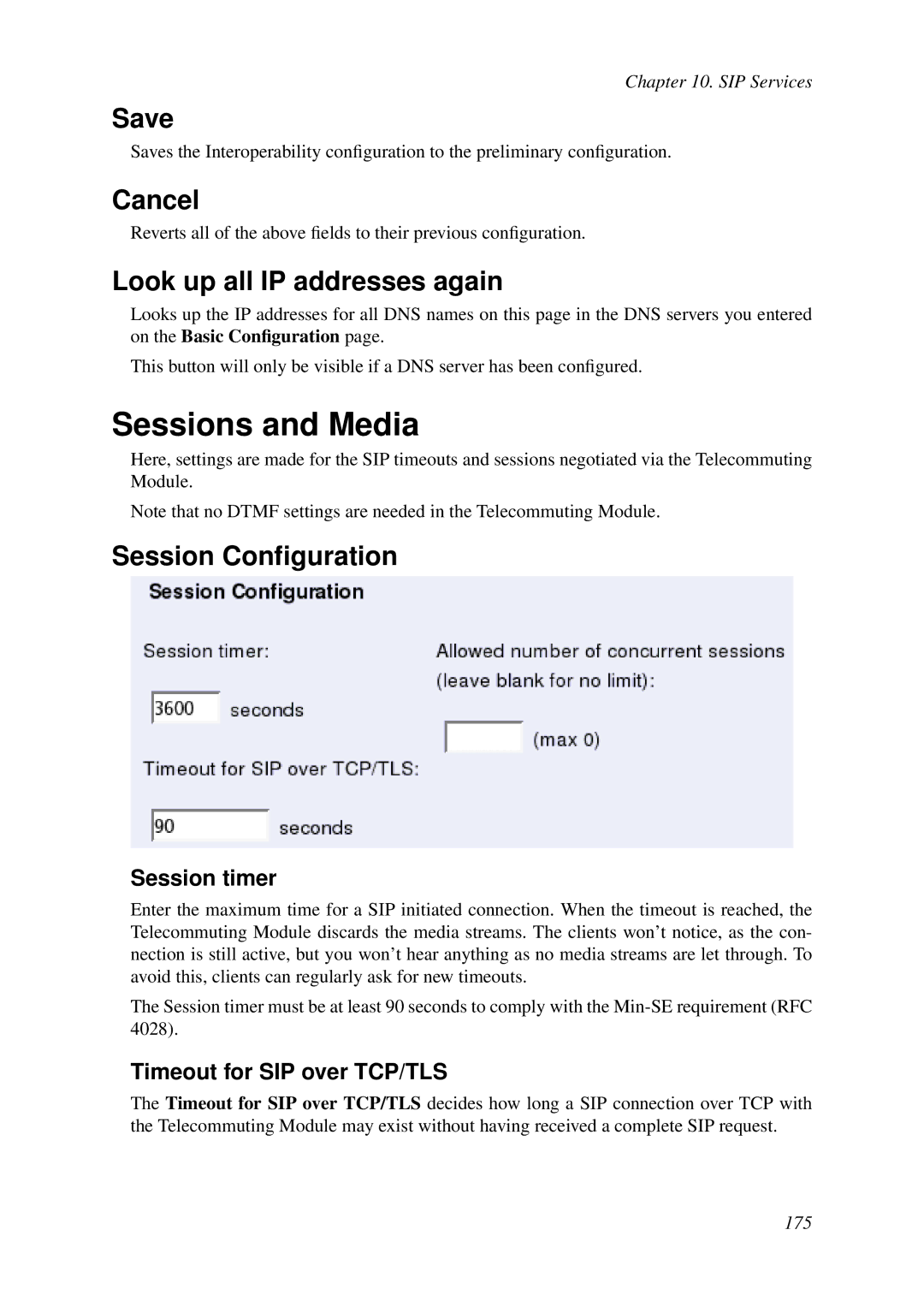 HP VCX Software manual Sessions and Media, Session Conﬁguration, Session timer, Timeout for SIP over TCP/TLS 