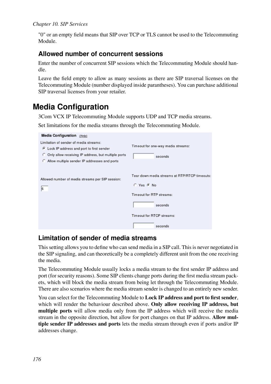 HP VCX Software manual Media Conﬁguration, Allowed number of concurrent sessions, Limitation of sender of media streams 