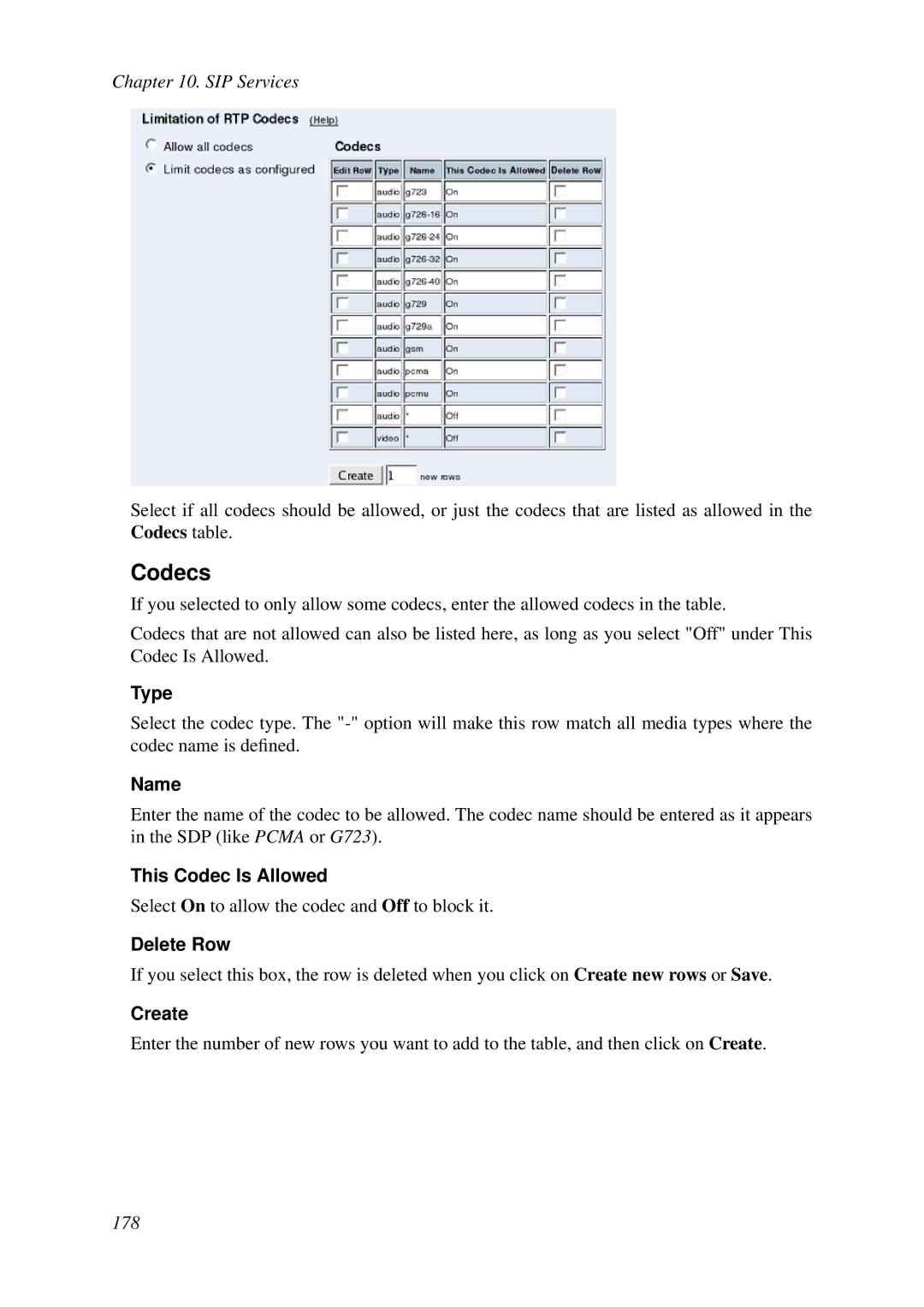 HP VCX Software manual Codecs, Type, Name, This Codec Is Allowed 