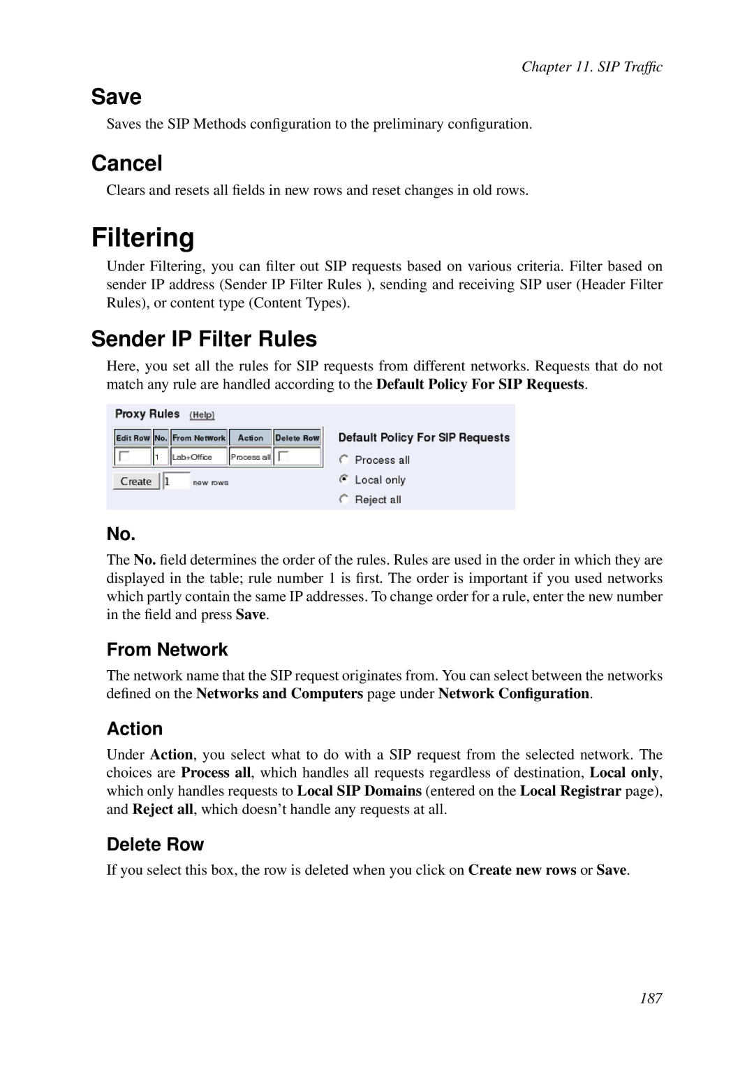 HP VCX Software manual Filtering, Sender IP Filter Rules, From Network, Action 