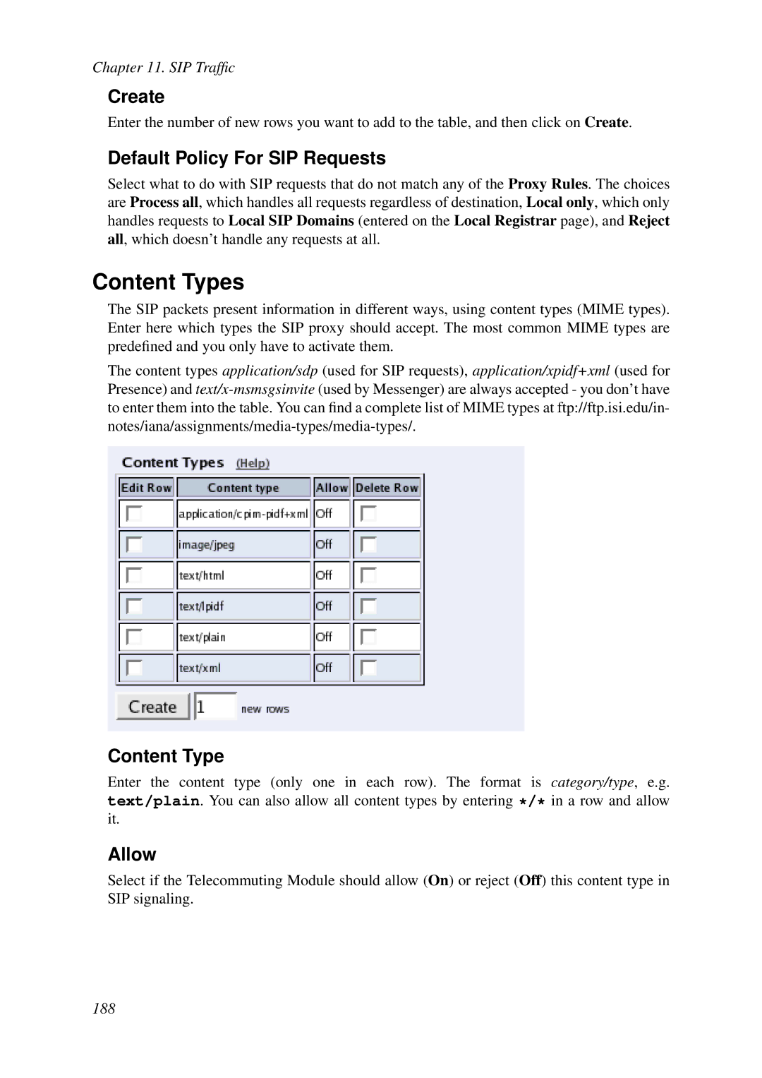 HP VCX Software manual Content Types, Default Policy For SIP Requests, Allow 