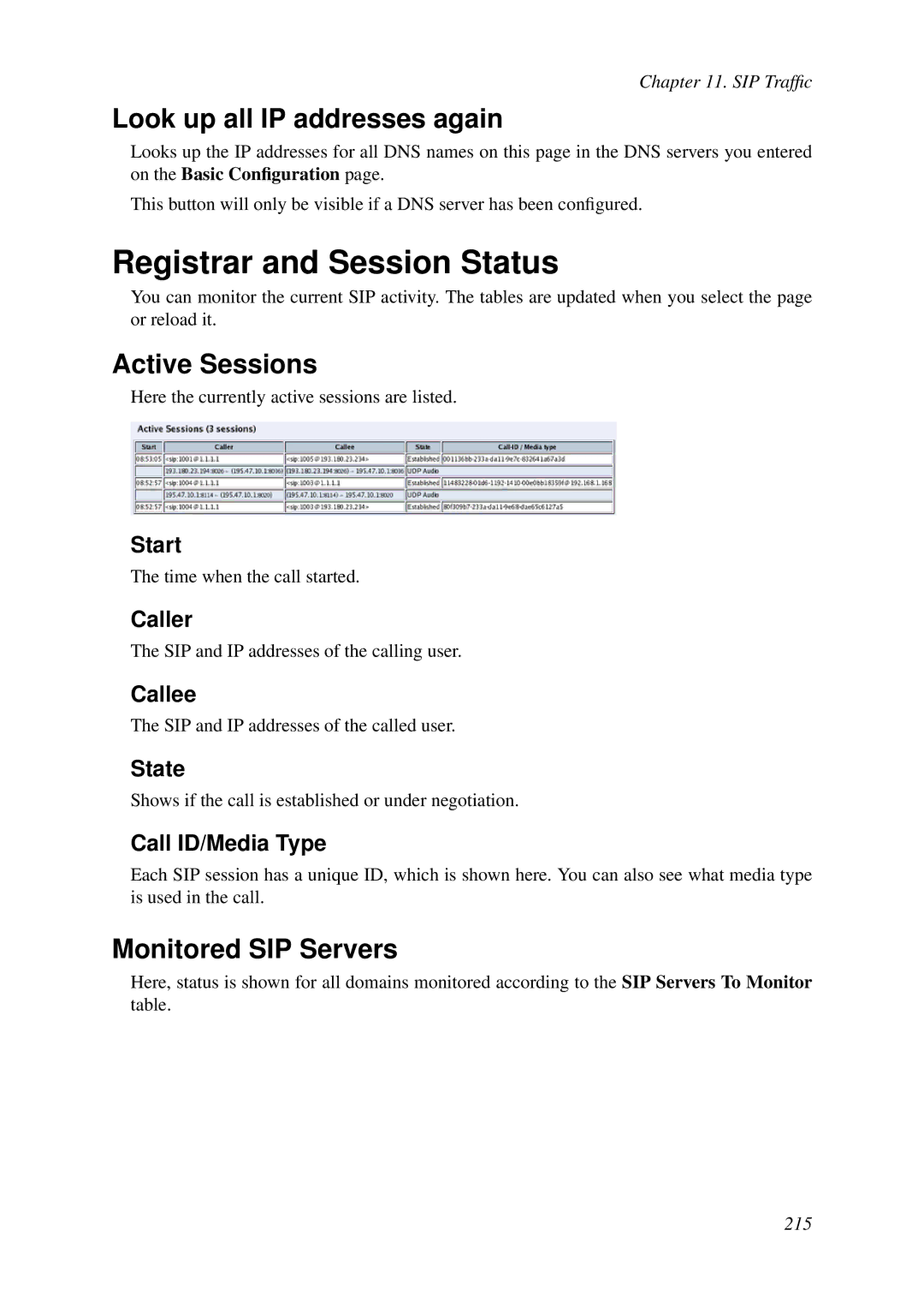 HP VCX Software manual Registrar and Session Status, Active Sessions, Monitored SIP Servers 