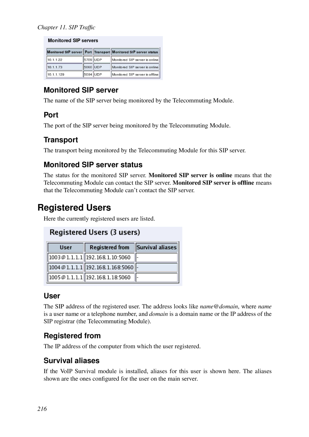 HP VCX Software manual Registered Users, Monitored SIP server status, Registered from, Survival aliases 