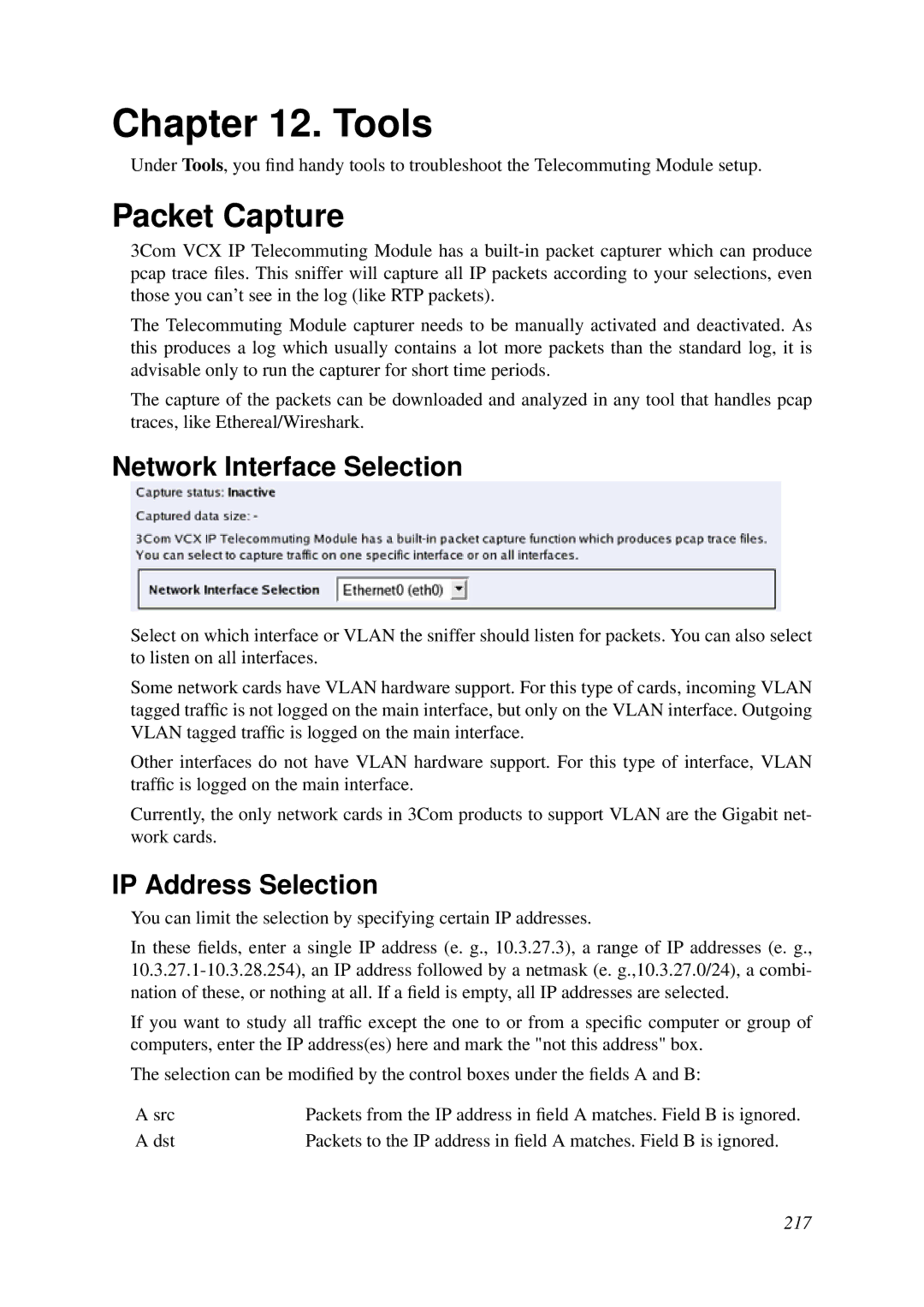 HP VCX Software manual Tools, Packet Capture, Network Interface Selection, IP Address Selection 