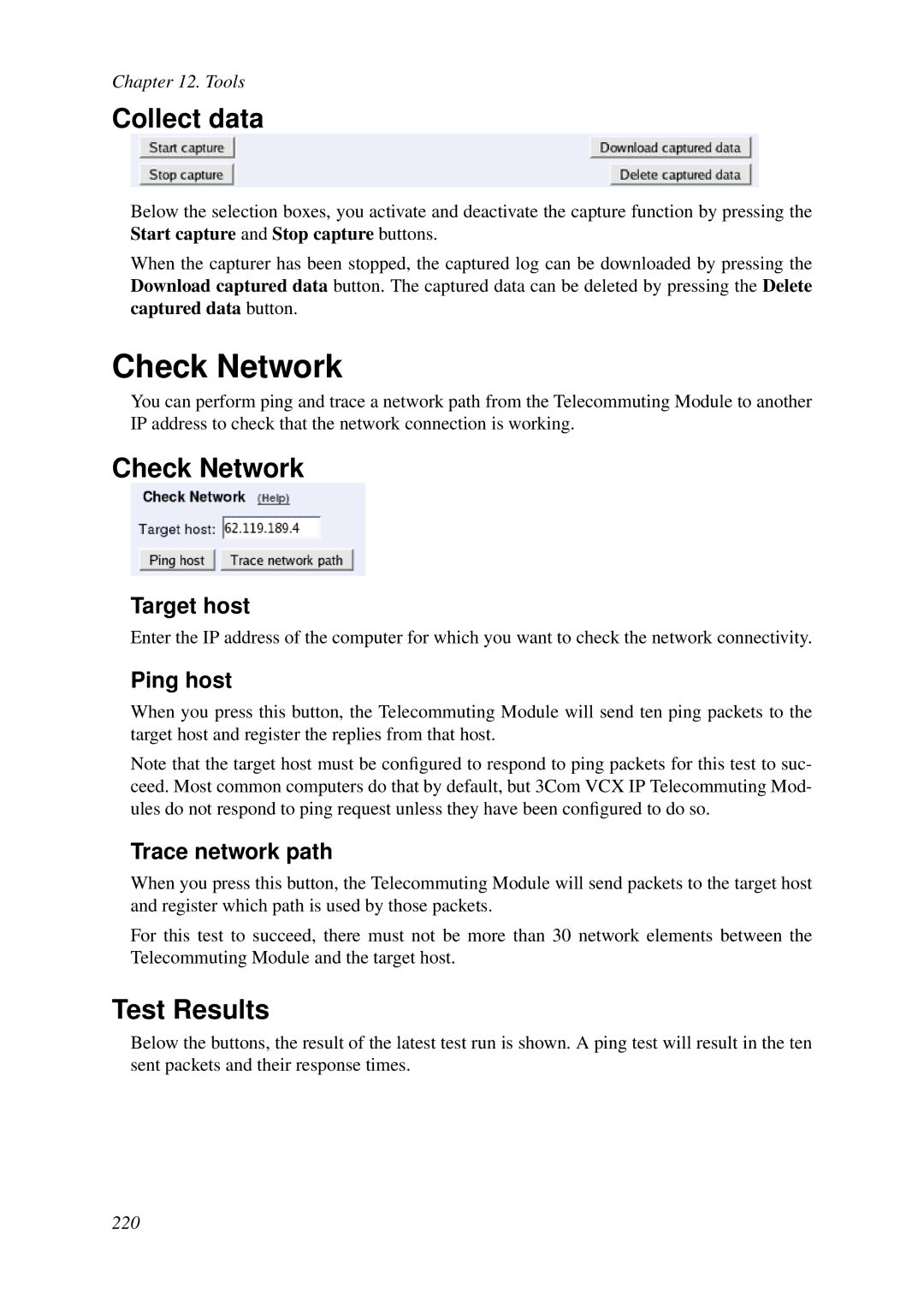 HP VCX Software manual Check Network, Collect data, Test Results 