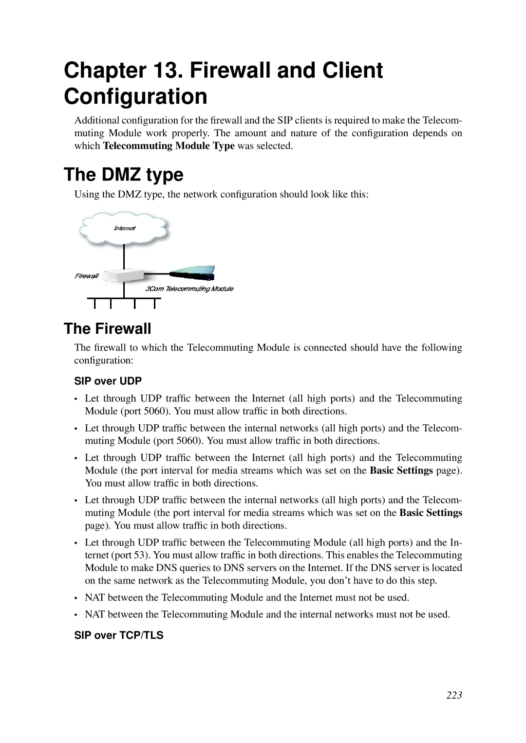 HP VCX Software manual Firewall and Client Conﬁguration, DMZ type, SIP over UDP, SIP over TCP/TLS 