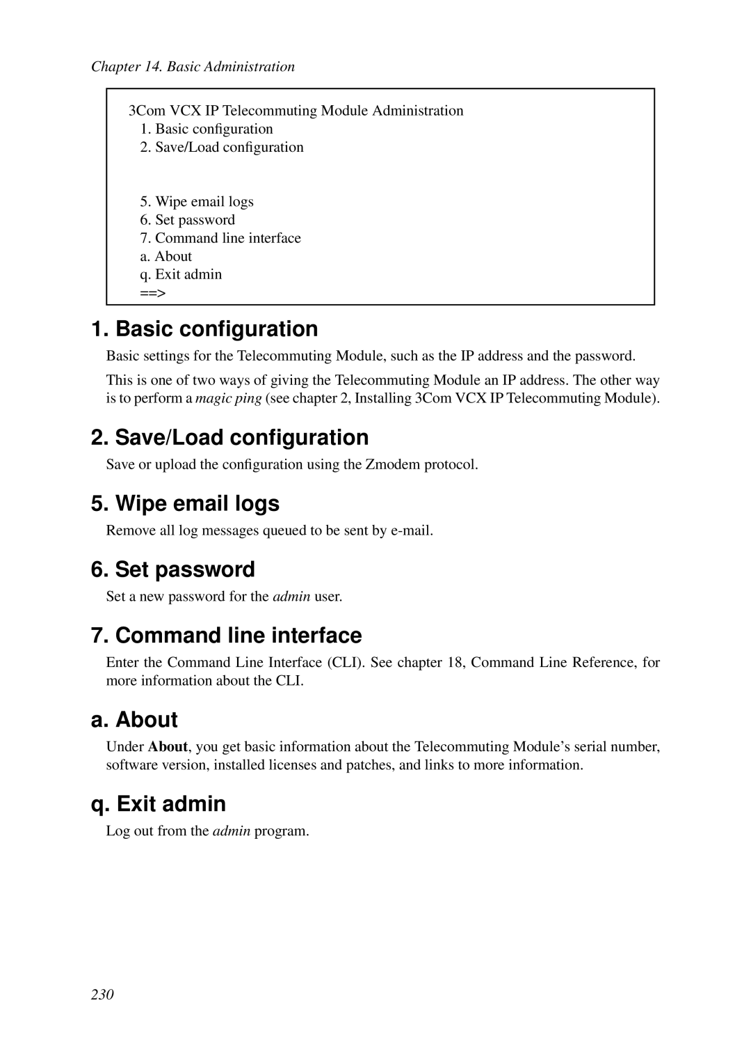 HP VCX Software manual Wipe email logs, Set password, Command line interface, About, Exit admin 