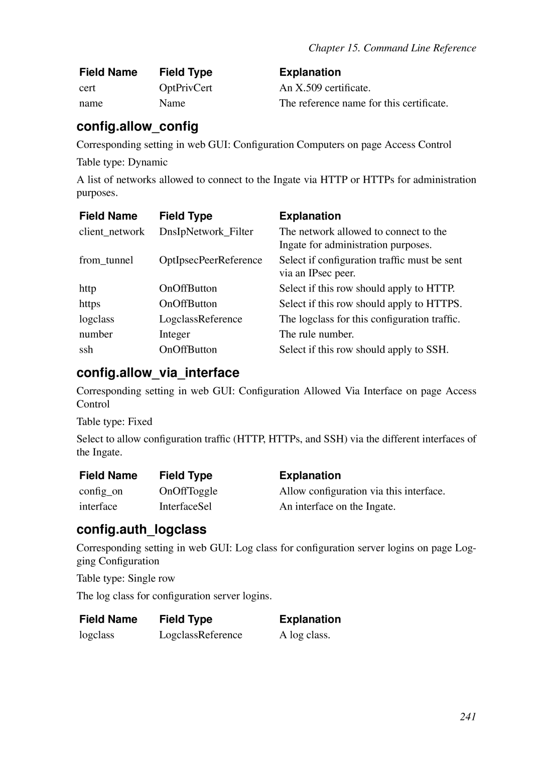 HP VCX Software manual Conﬁg.allowconﬁg, Conﬁg.allowviainterface, Conﬁg.authlogclass 