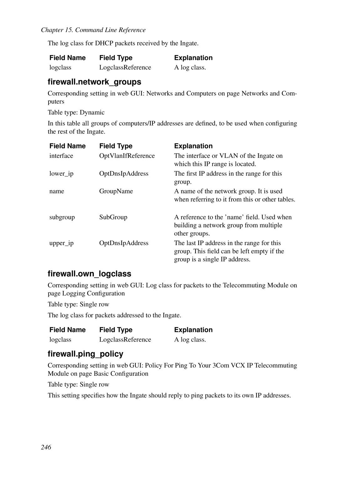 HP VCX Software manual ﬁrewall.networkgroups, ﬁrewall.ownlogclass, ﬁrewall.pingpolicy 