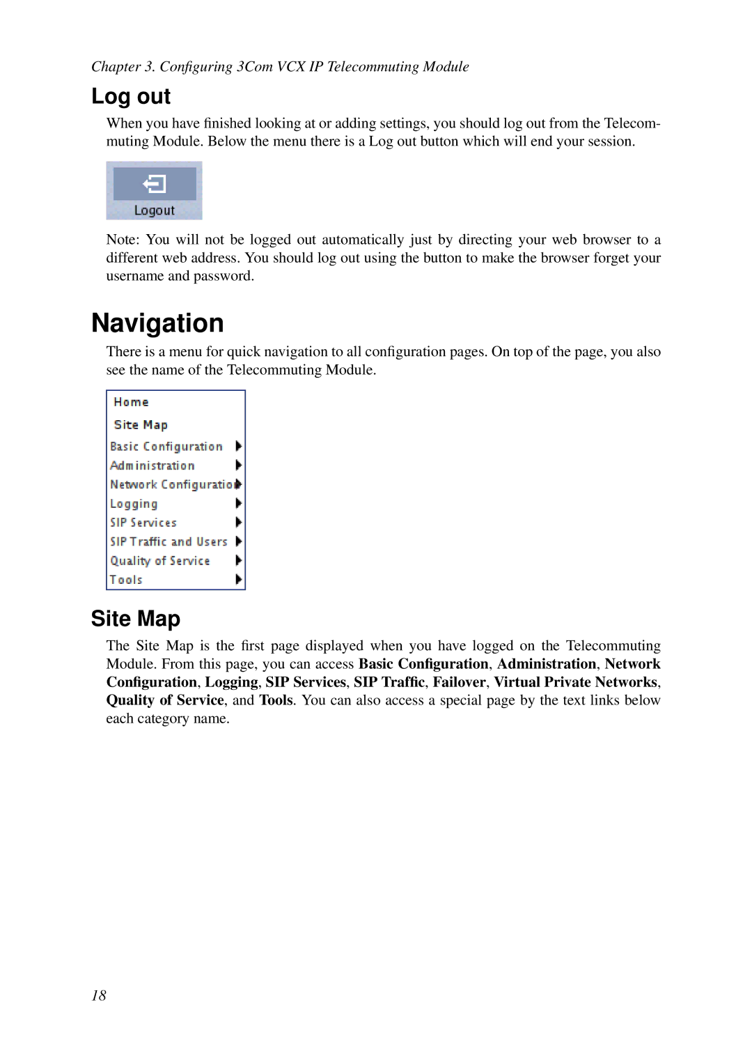 HP VCX Software manual Navigation, Log out, Site Map 