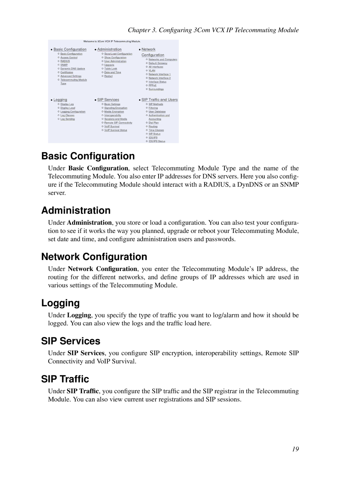 HP VCX Software manual Basic Conﬁguration, Administration, Network Conﬁguration, Logging, SIP Services, SIP Trafﬁc 