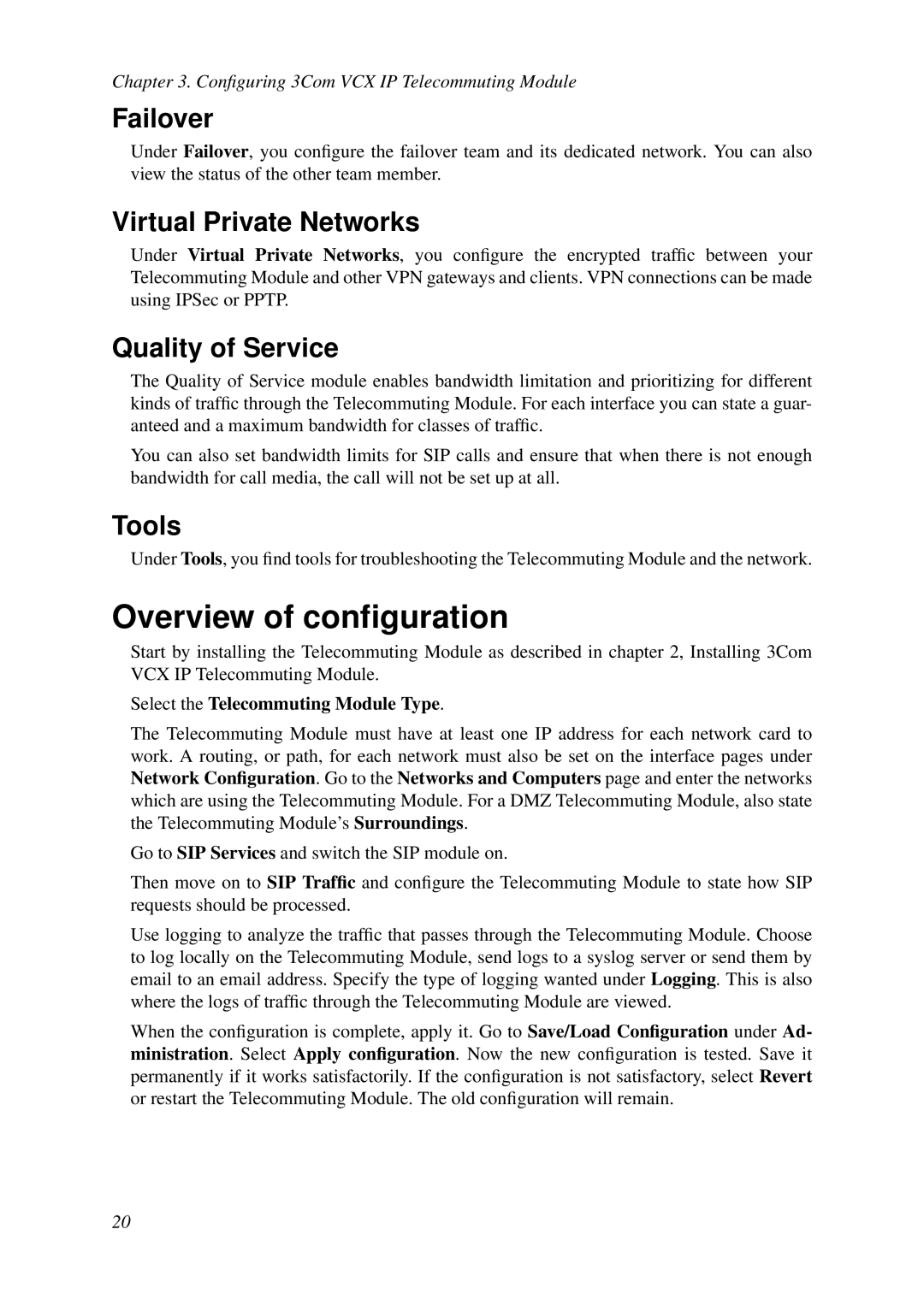 HP VCX Software manual Overview of conﬁguration, Failover, Virtual Private Networks, Quality of Service, Tools 