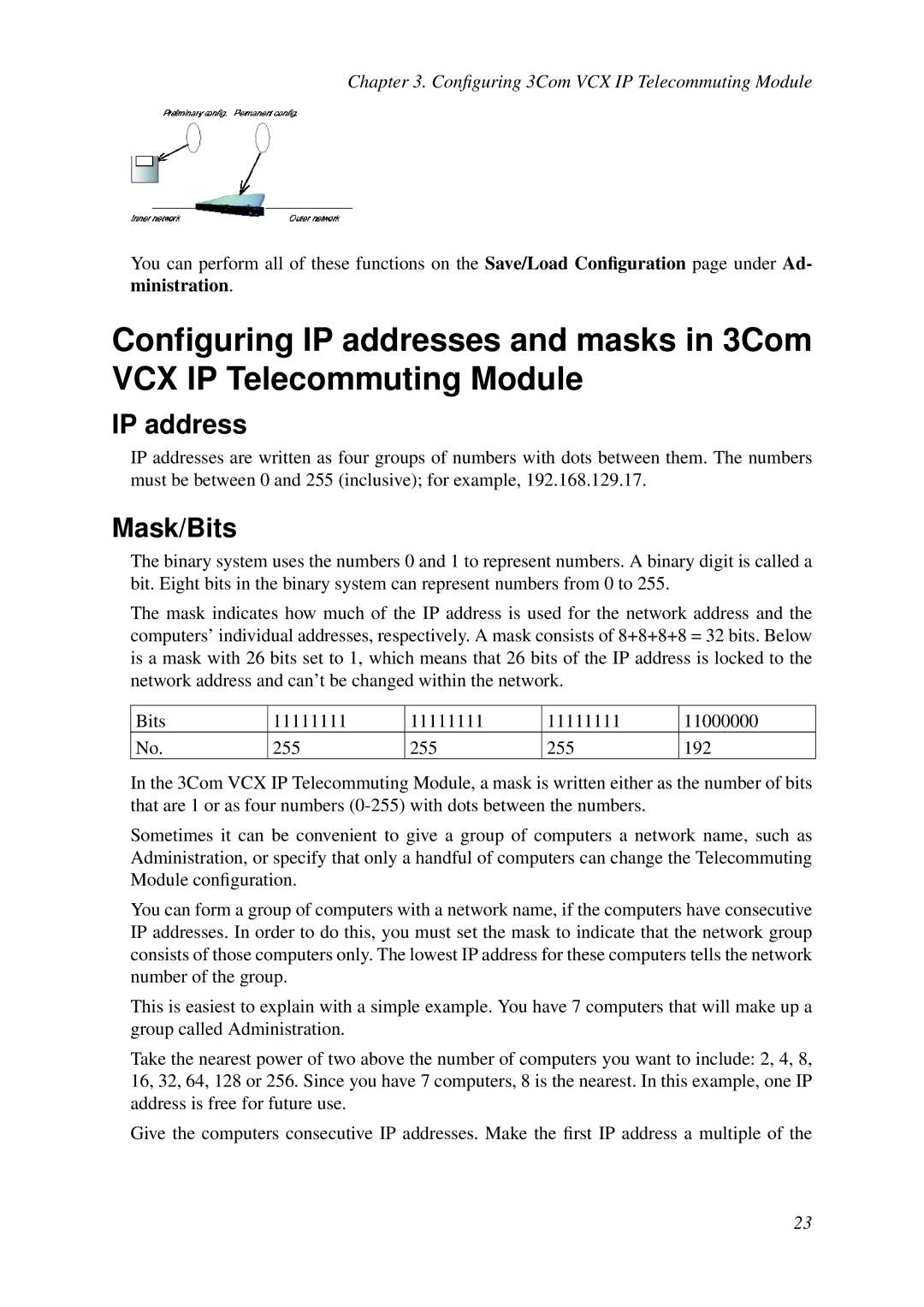 HP VCX Software manual IP address, Mask/Bits 