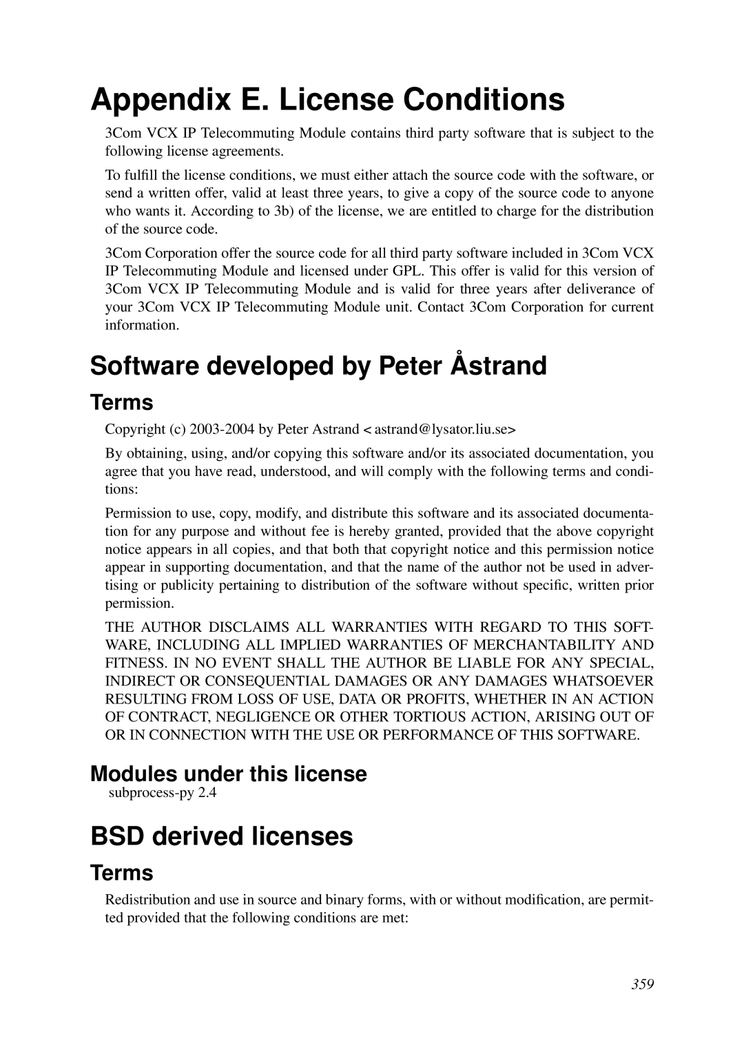 HP VCX Software manual Appendix E. License Conditions, Software developed by Peter Åstrand, BSD derived licenses, Terms 