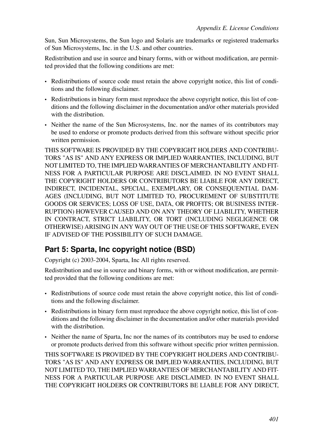 HP VCX Software manual Part 5 Sparta, Inc copyright notice BSD 