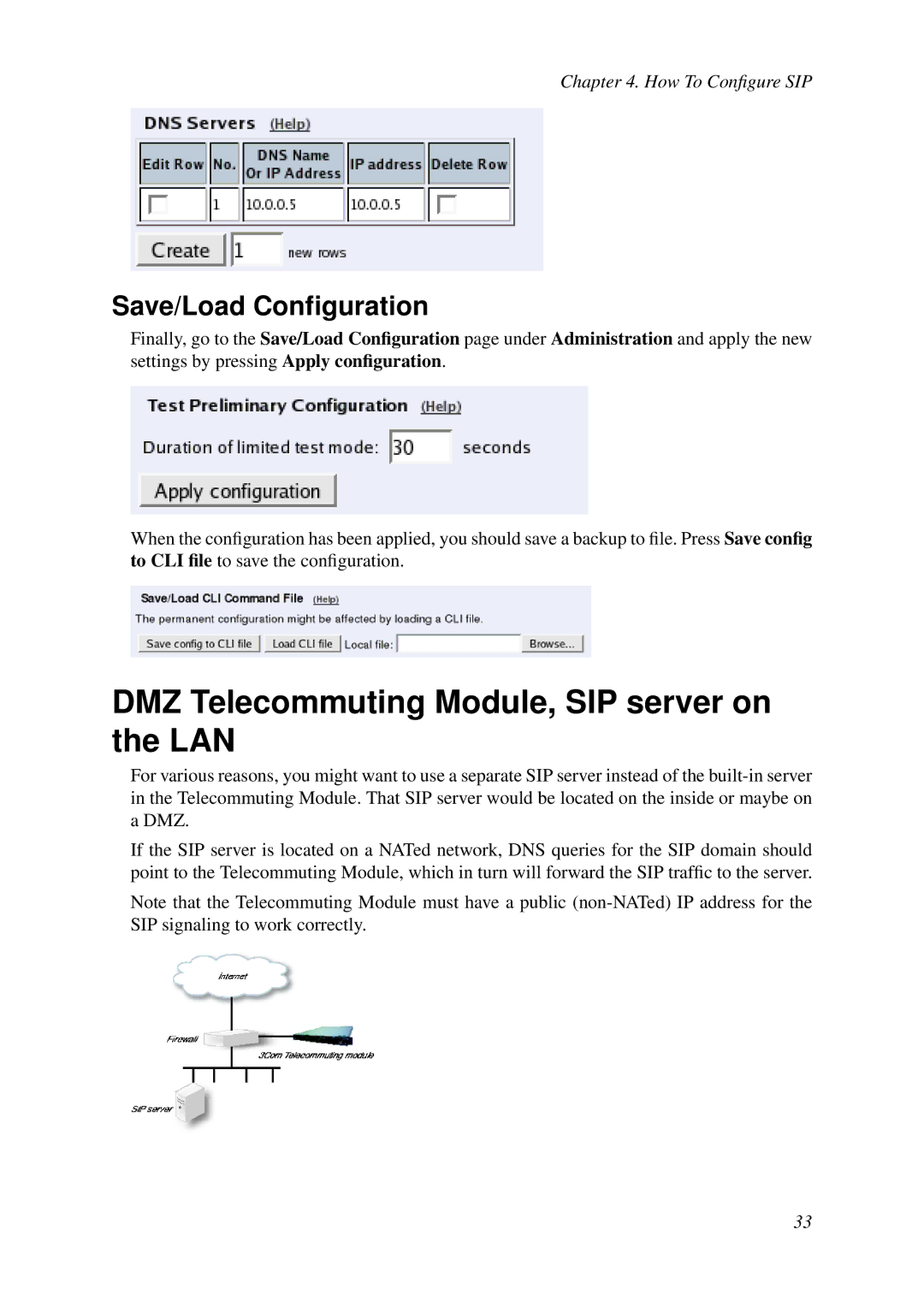 HP VCX Software manual DMZ Telecommuting Module, SIP server on the LAN, Save/Load Conﬁguration 