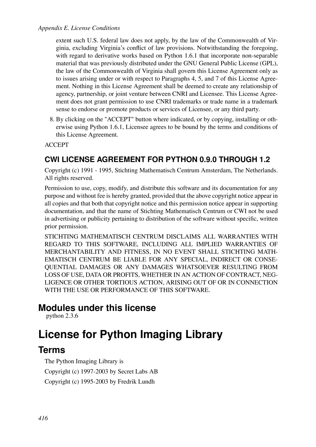 HP VCX Software manual License for Python Imaging Library, CWI License Agreement for Python 0.9.0 Through 