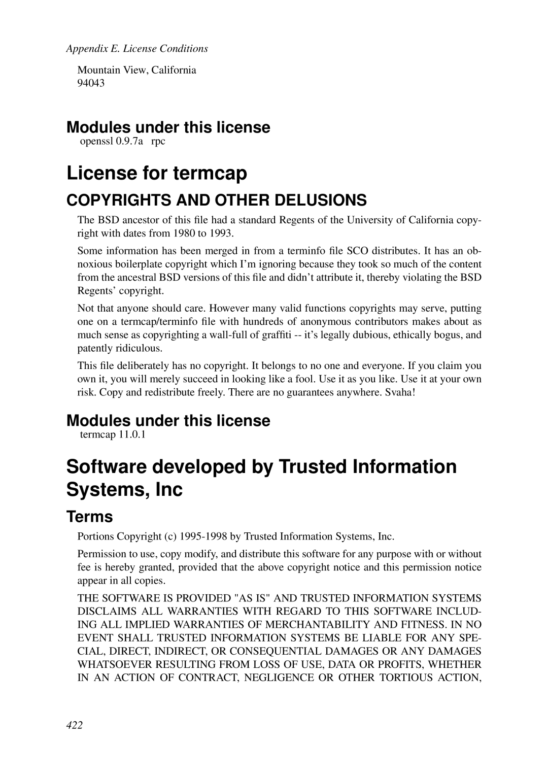 HP VCX Software manual License for termcap, Software developed by Trusted Information Systems, Inc 