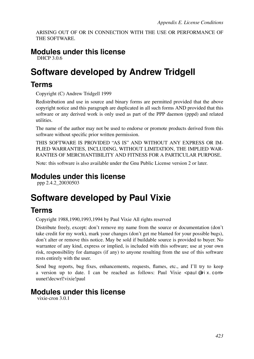 HP VCX Software manual Software developed by Andrew Tridgell, Software developed by Paul Vixie 