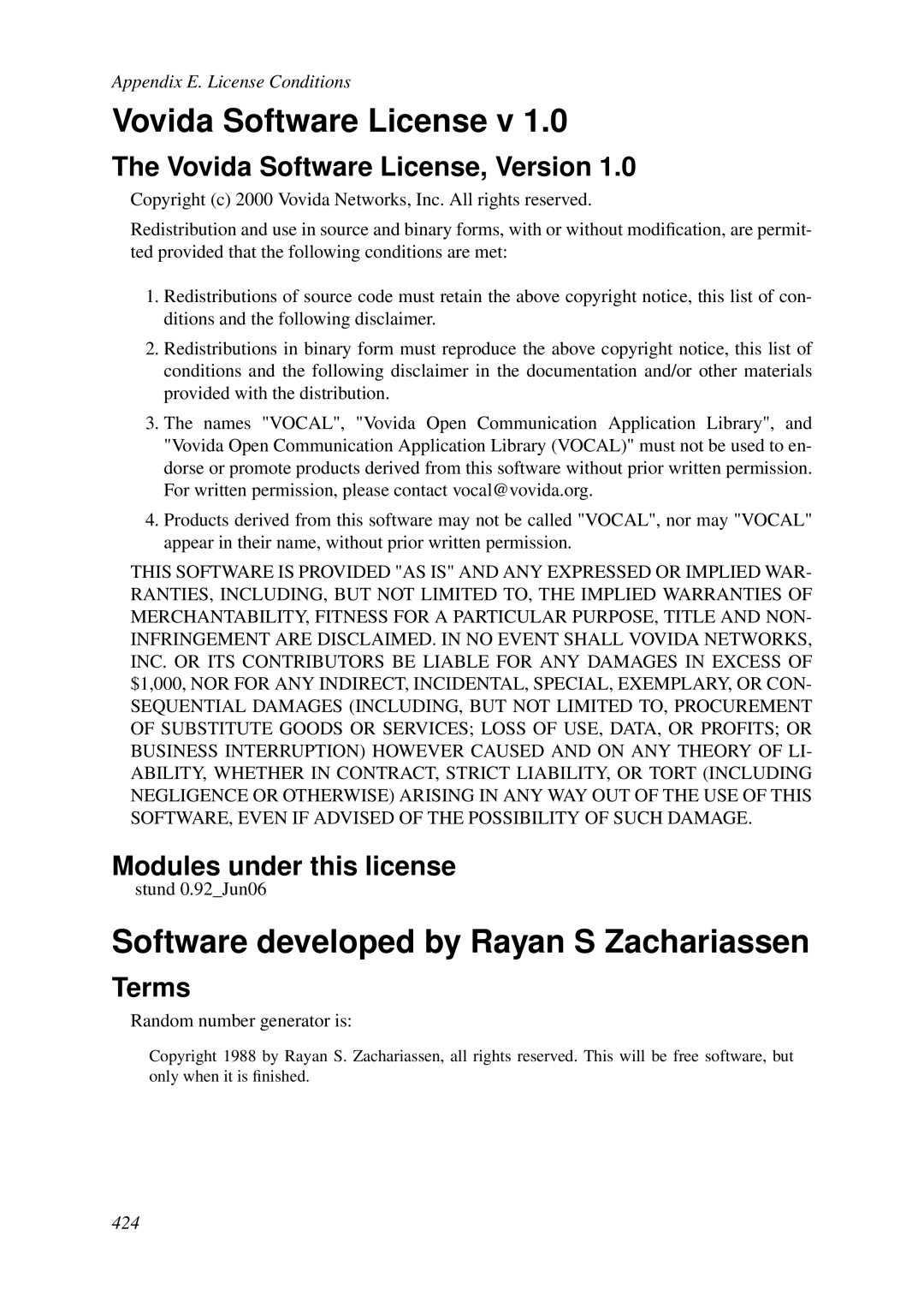 HP VCX Software Vovida Software License v, Software developed by Rayan S Zachariassen, Vovida Software License, Version 