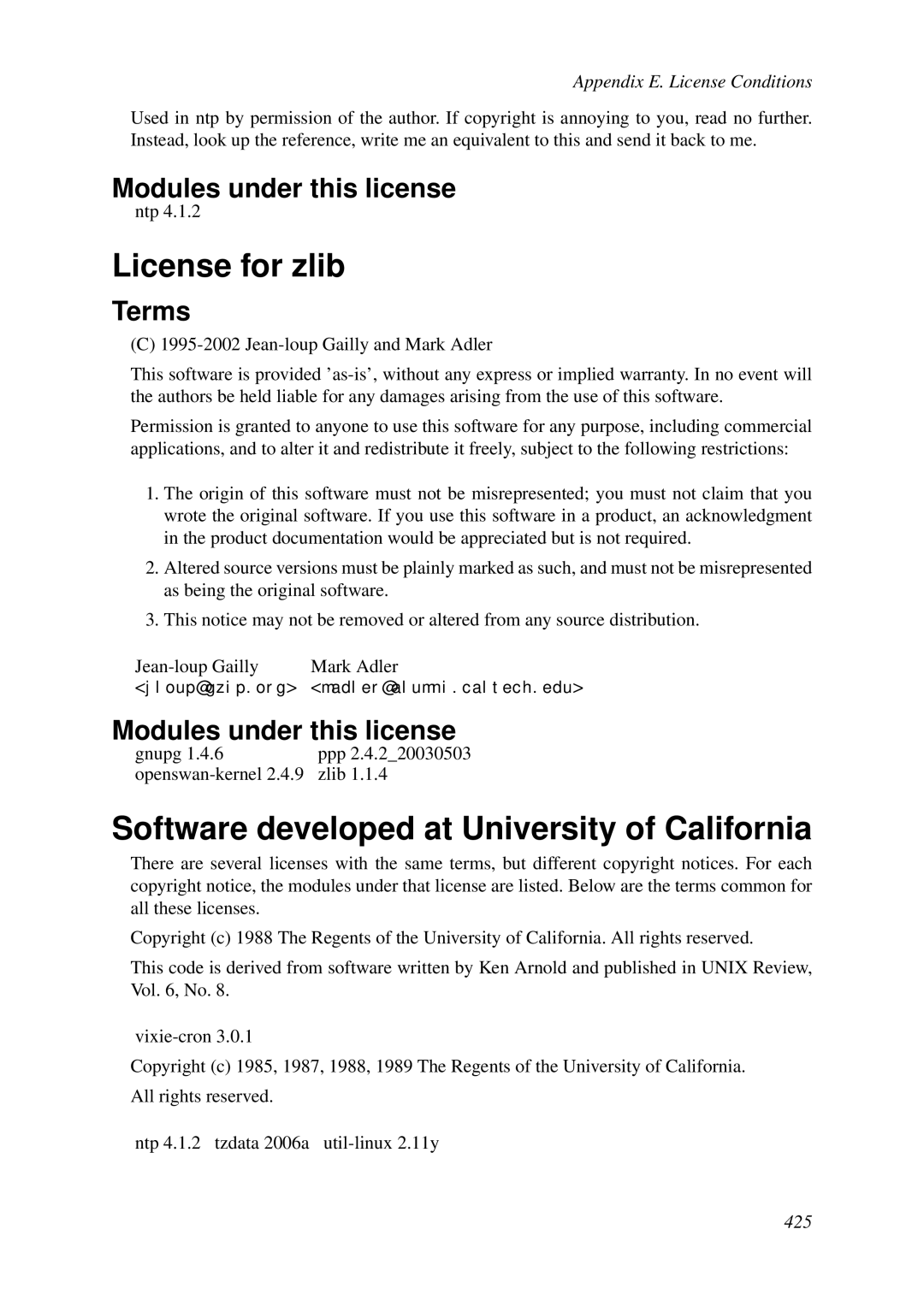 HP VCX Software manual License for zlib, Software developed at University of California 