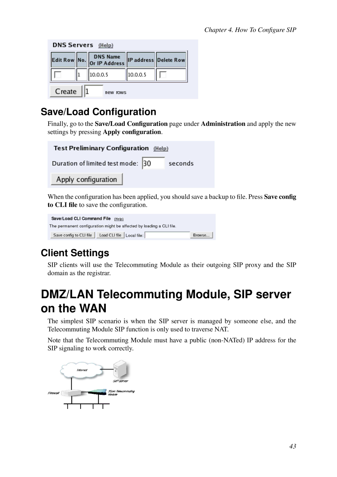 HP VCX Software manual DMZ/LAN Telecommuting Module, SIP server on the WAN, Save/Load Conﬁguration 