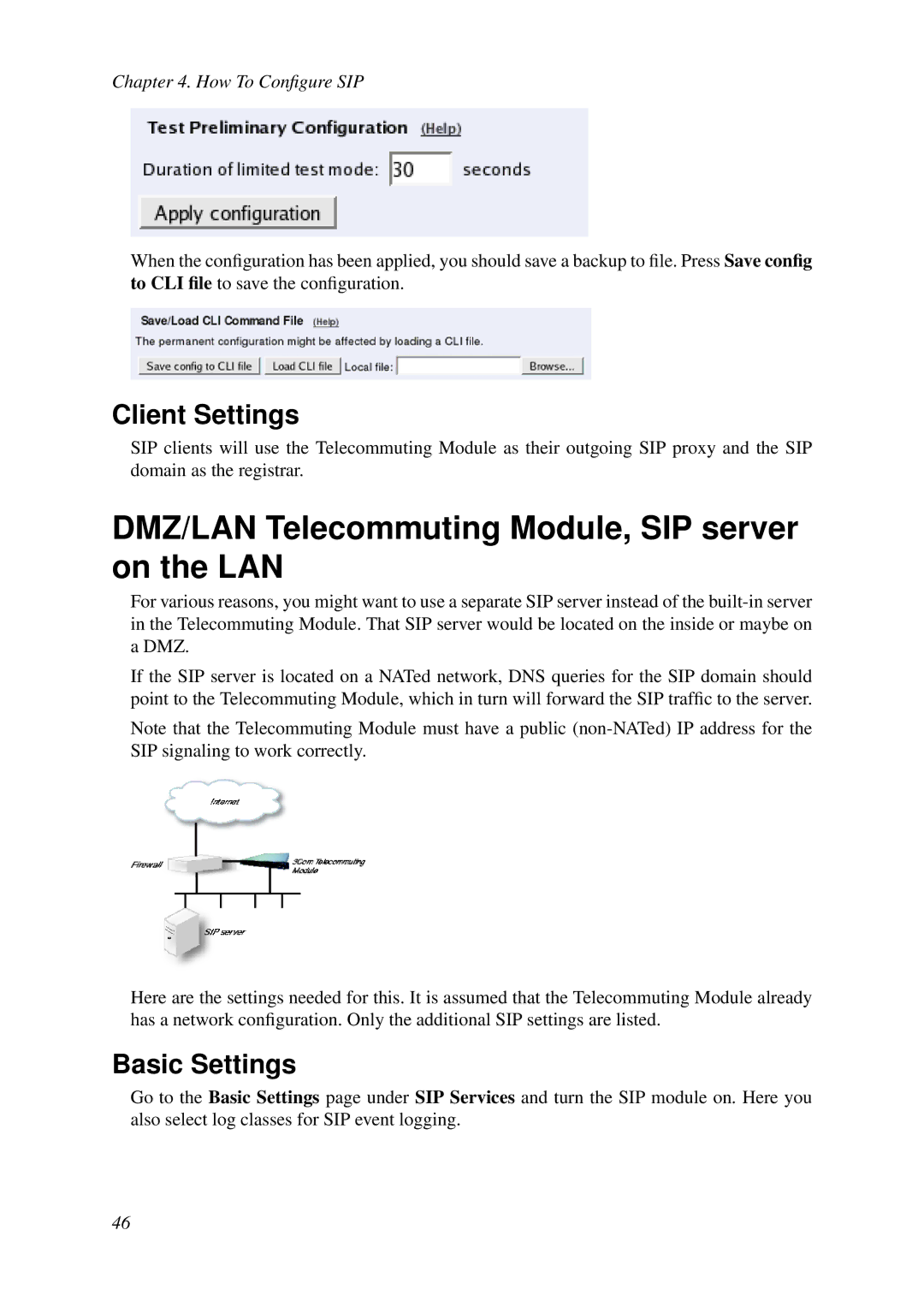 HP VCX Software manual DMZ/LAN Telecommuting Module, SIP server on the LAN, Client Settings 