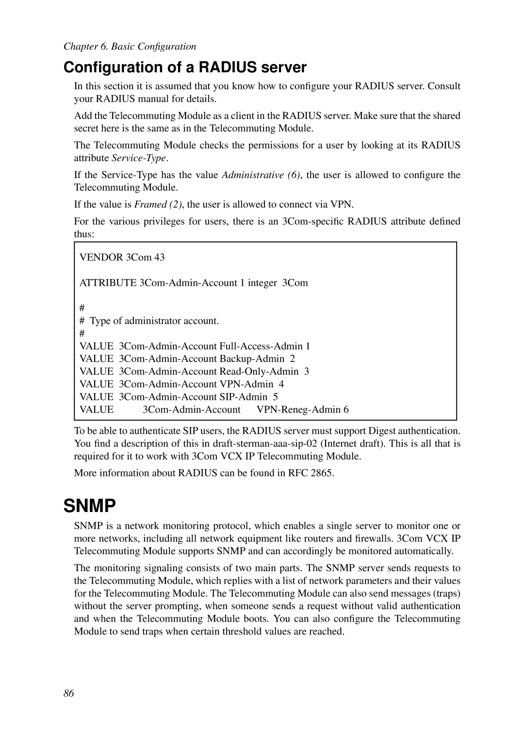 HP VCX Software manual Conﬁguration of a Radius server, Value 