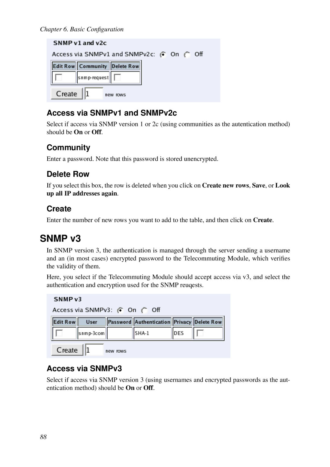 HP VCX Software manual Snmp, Access via SNMPv1 and SNMPv2c, Community, Access via SNMPv3 