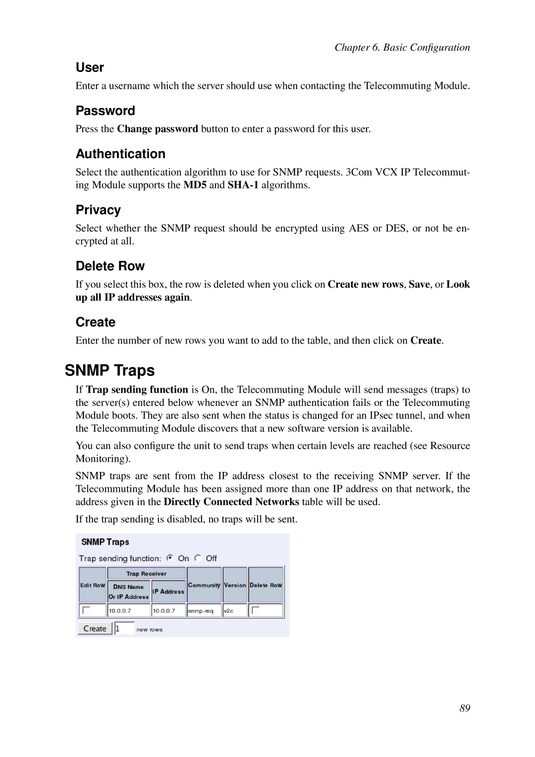 HP VCX Software manual Snmp Traps, User, Password, Authentication, Privacy 