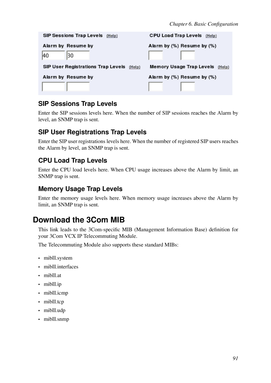 HP VCX Software Download the 3Com MIB, SIP Sessions Trap Levels, SIP User Registrations Trap Levels, CPU Load Trap Levels 