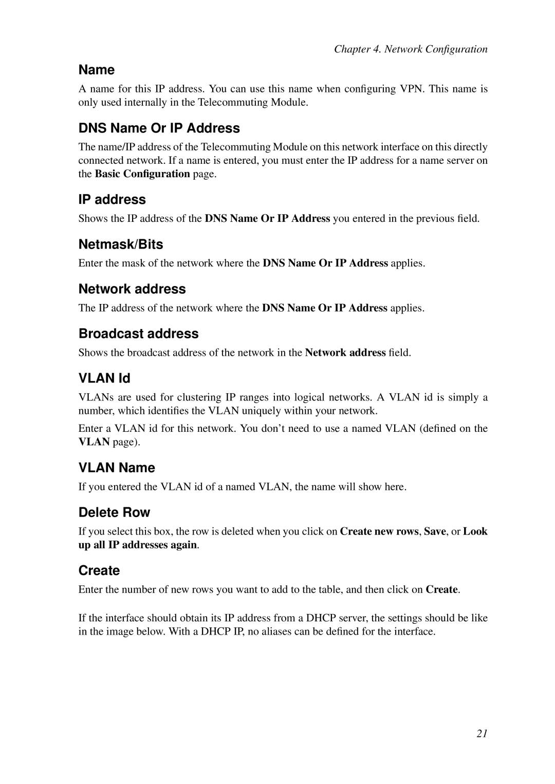 HP VCX Software DNS Name Or IP Address, IP address, Netmask/Bits, Network address, Broadcast address, Vlan Id, Create 