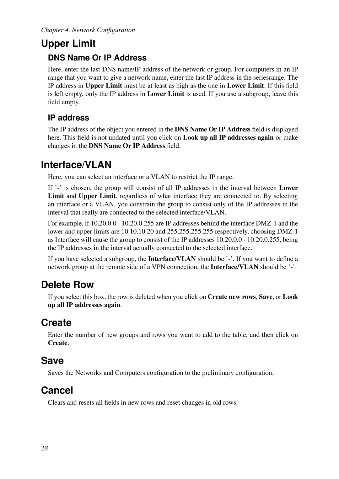 HP VCX Software manual Upper Limit, Interface/VLAN, Delete Row, Create 