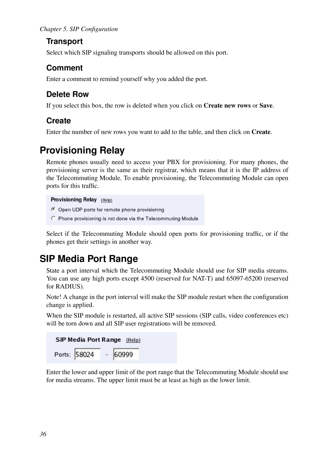 HP VCX Software manual Provisioning Relay, SIP Media Port Range, Transport, Comment 