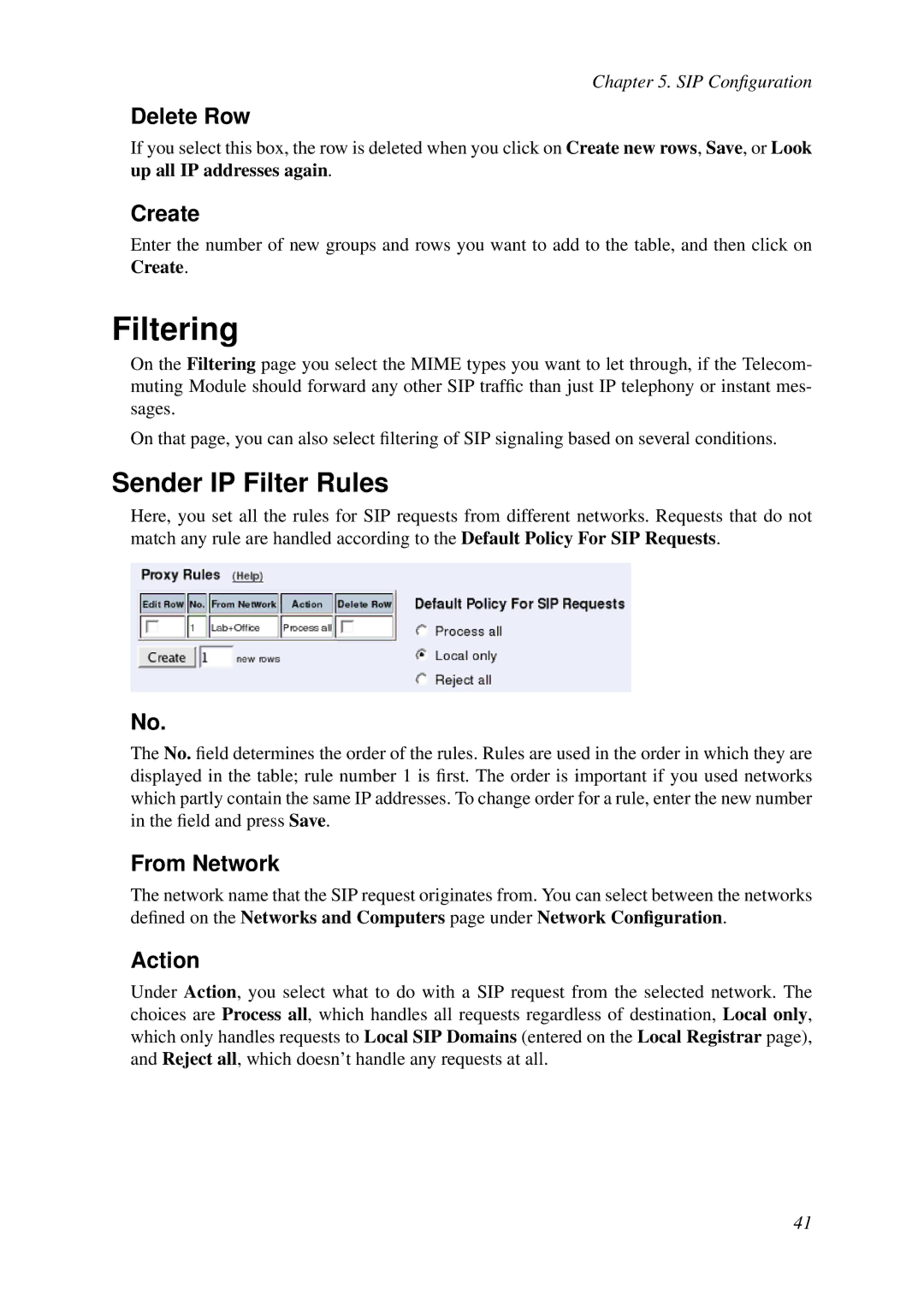 HP VCX Software manual Filtering, Sender IP Filter Rules, From Network, Action 