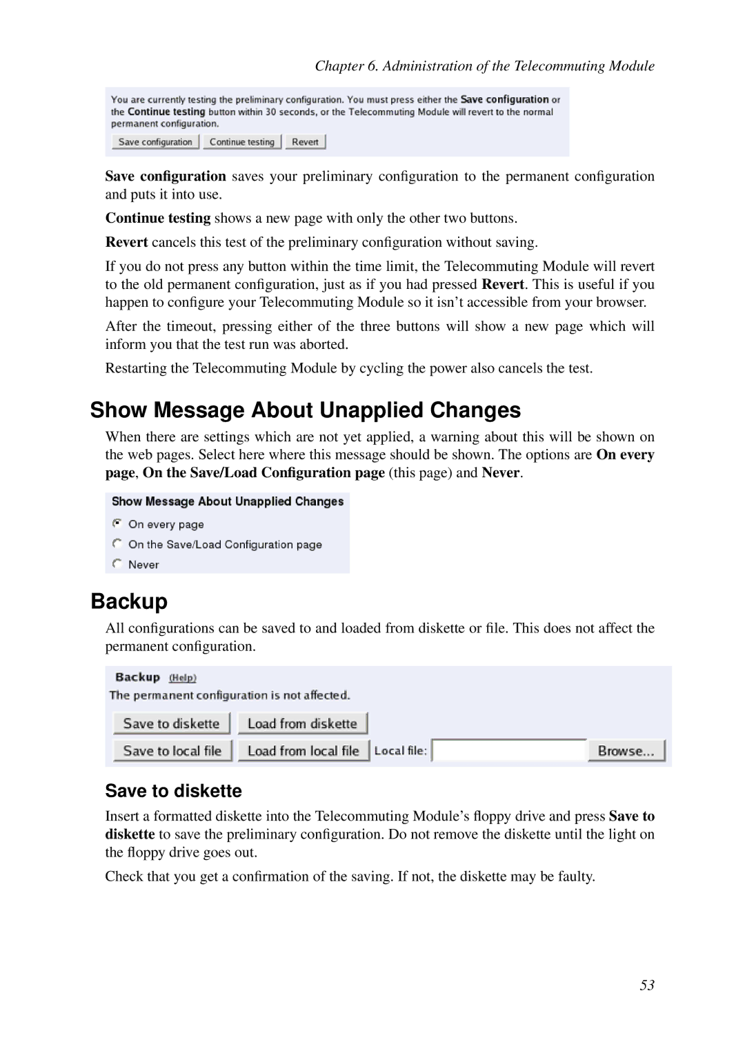 HP VCX Software manual Show Message About Unapplied Changes, Backup, Save to diskette 