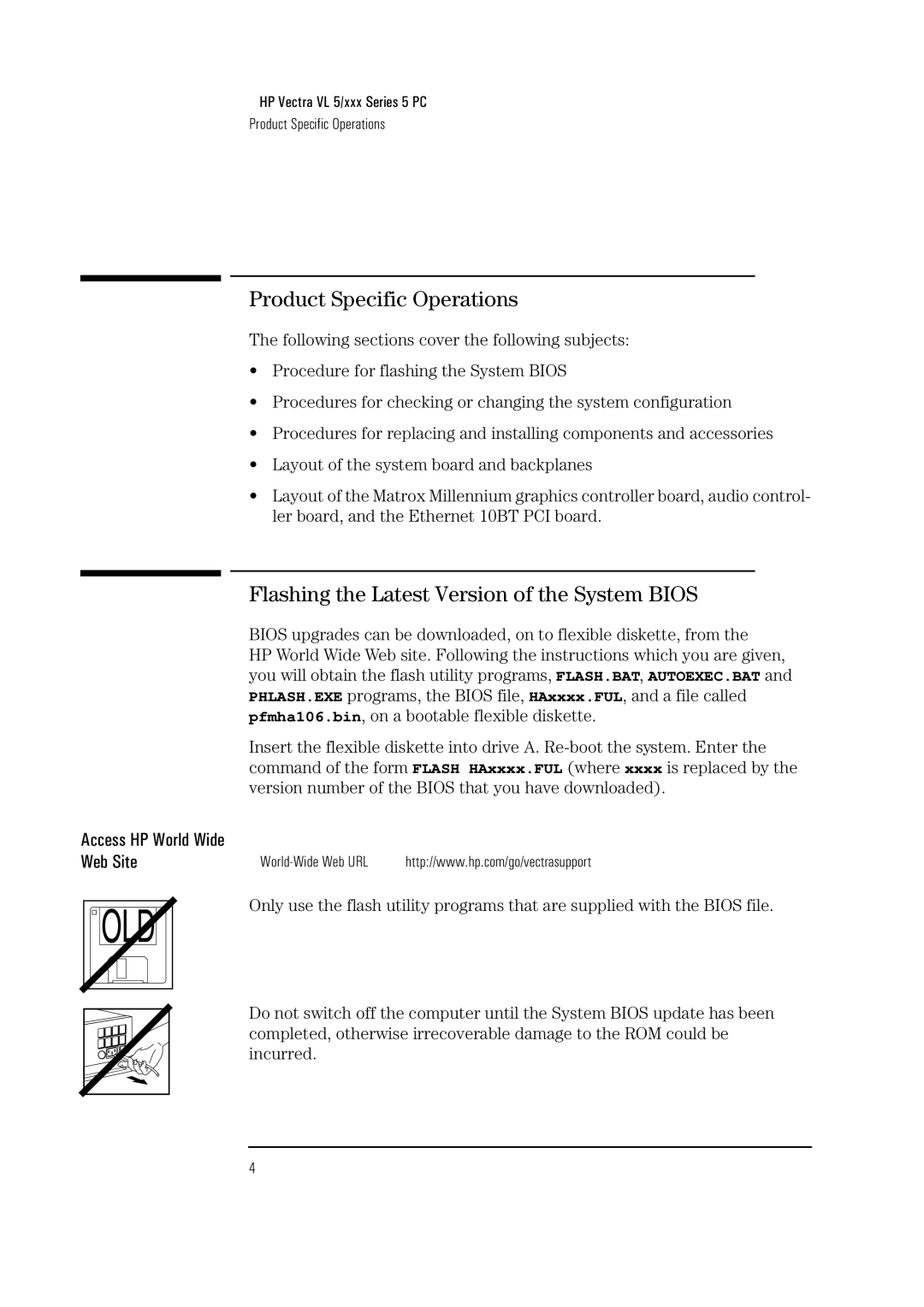 HP Vectra VL 5/xxx 5 manual Product Specific Operations, Flashing the Latest Version of the System Bios 