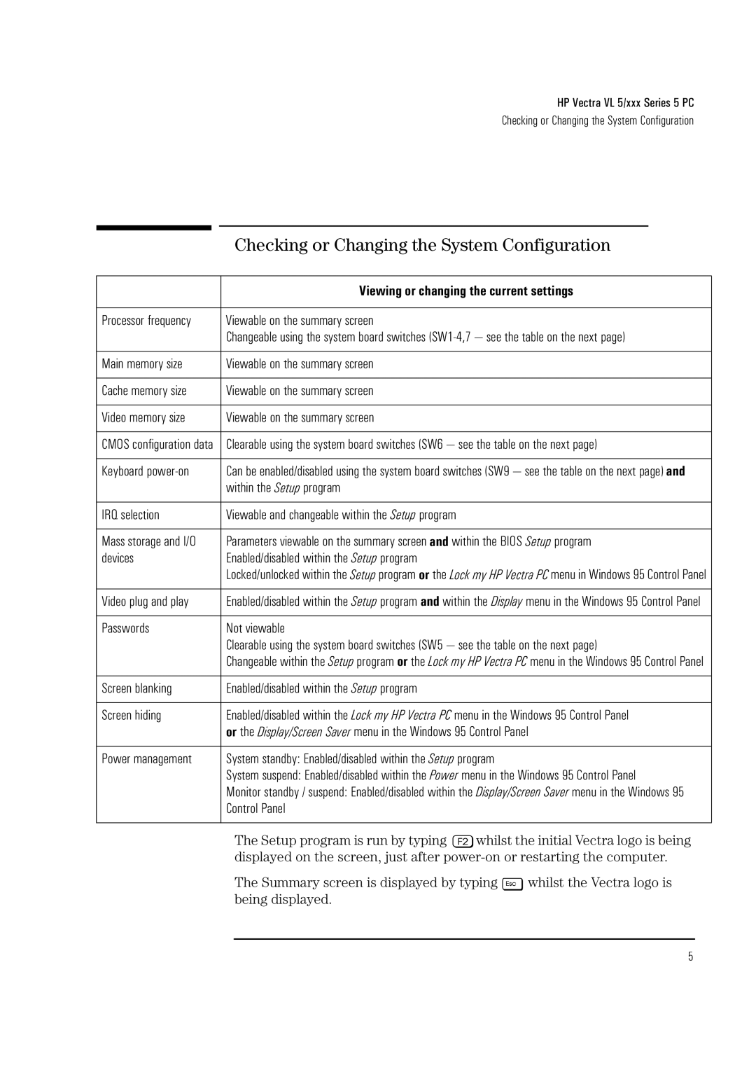 HP Vectra VL 5/xxx 5 manual Checking or Changing the System Configuration, Viewing or changing the current settings 