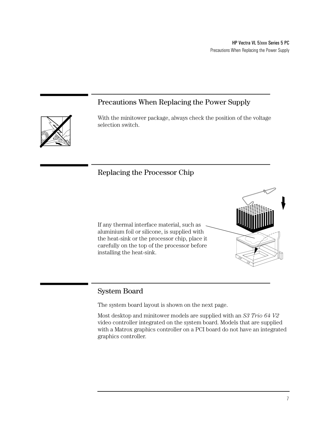 HP Vectra VL 5/xxx 5 manual Precautions When Replacing the Power Supply, Replacing the Processor Chip, System Board 