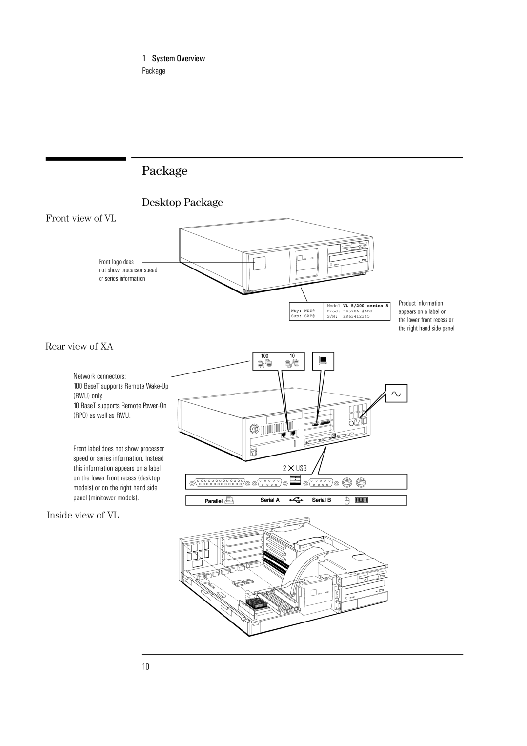 HP Vectra VL 5/xxx 5 manual Desktop Package, Front view of VL, Rear view of XA, Inside view of VL 