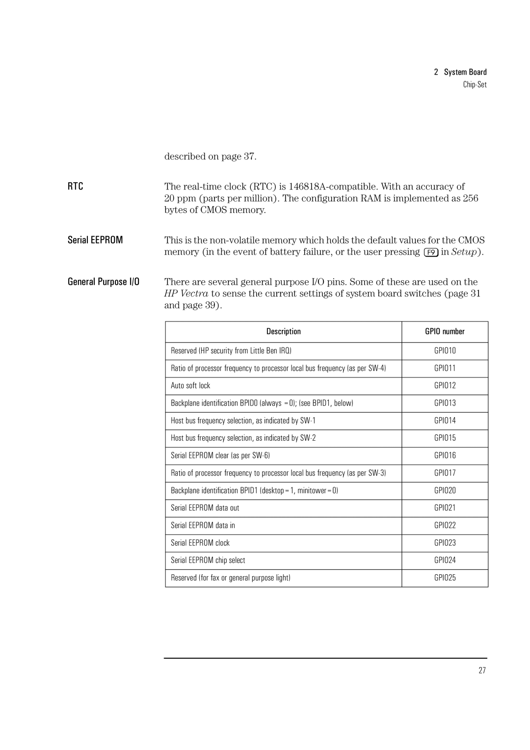 HP Vectra VL 5/xxx 5 manual Serial Eeprom, Described on, Bytes of Cmos memory 