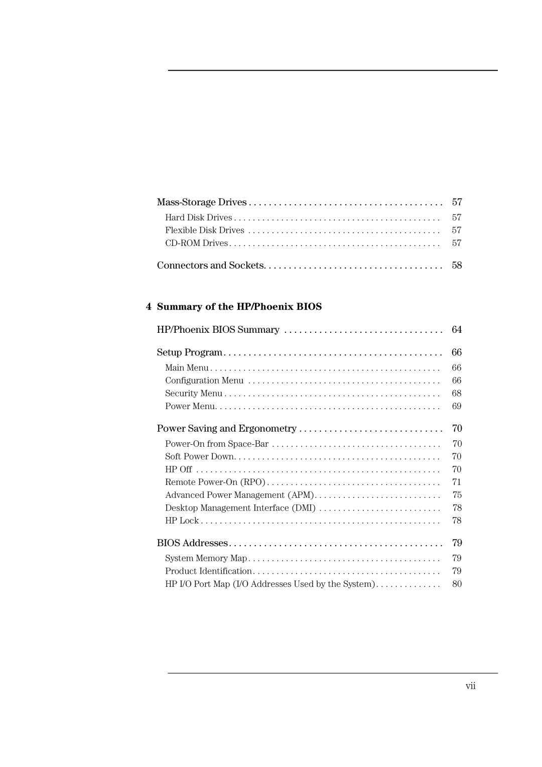 HP Vectra VL 5/xxx 5 manual Mass-Storage Drives, Connectors and Sockets, Power Saving and Ergonometry, Bios Addresses, Vii 