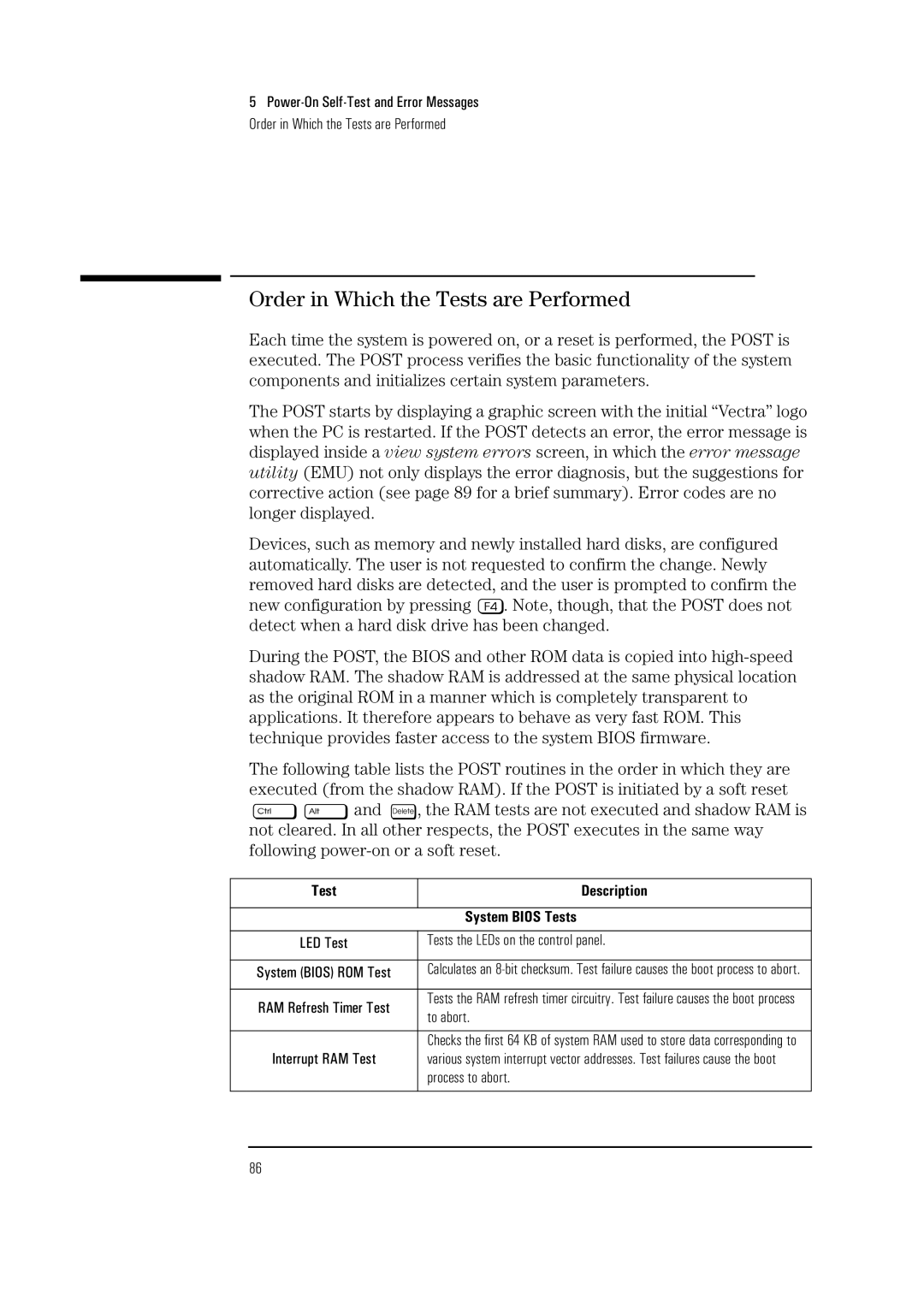 HP Vectra VL 5/xxx 5 manual Order in Which the Tests are Performed, Tests the LEDs on the control panel, To abort 